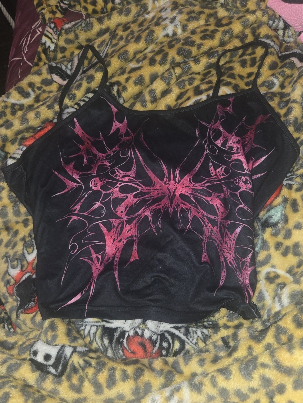 Black Spaghetti-Strap Tank with Pink Graphic